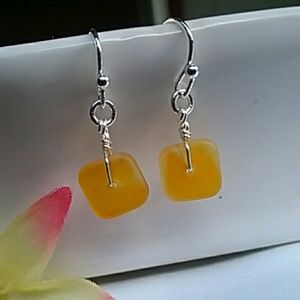 Square Yellow Sea Glass Silver Dangle Earrings